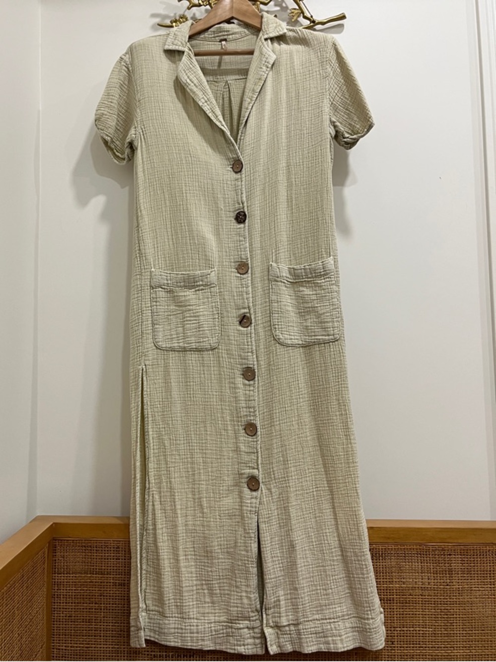 Free People Gauze Textured Cream Button-Front Maxi Dress - Picture 1 of 8